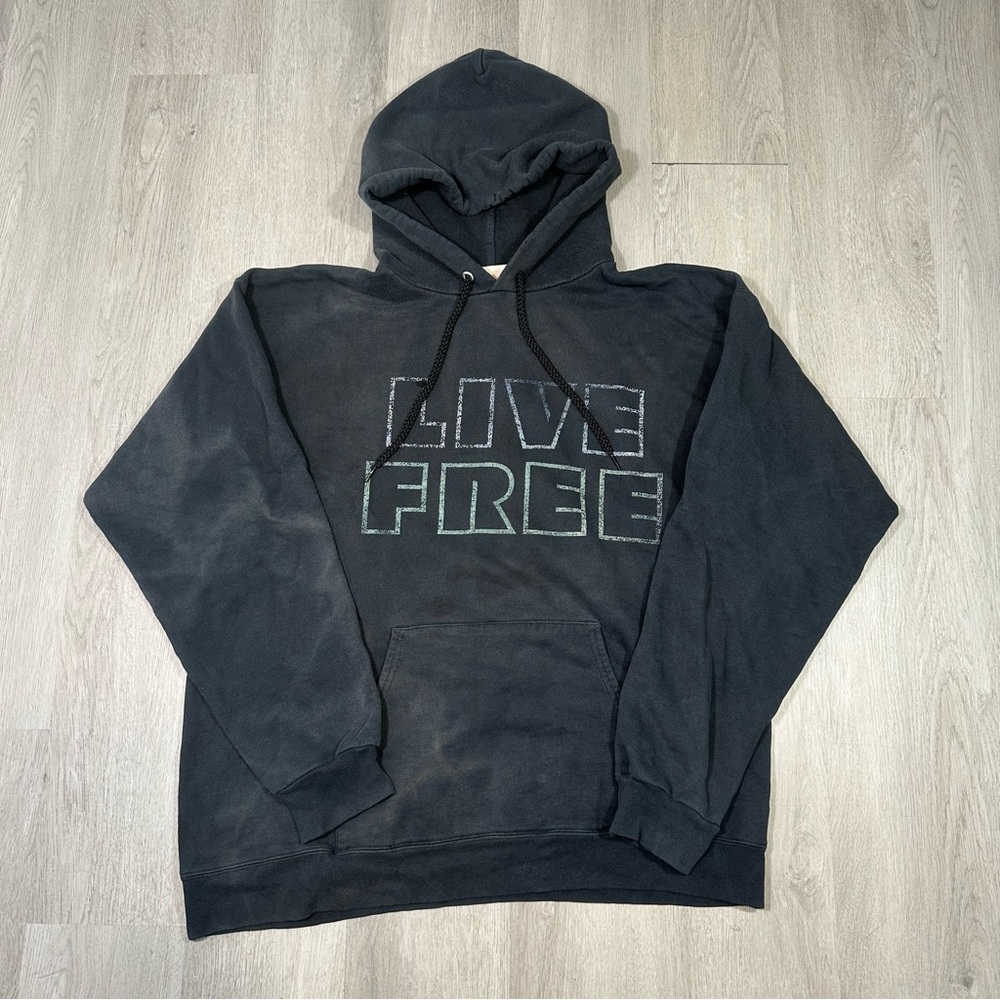 Y2K "Live‎ Free" Pullover Black Hoodie Size Medium Faded Vintage Sweatshirt 00s